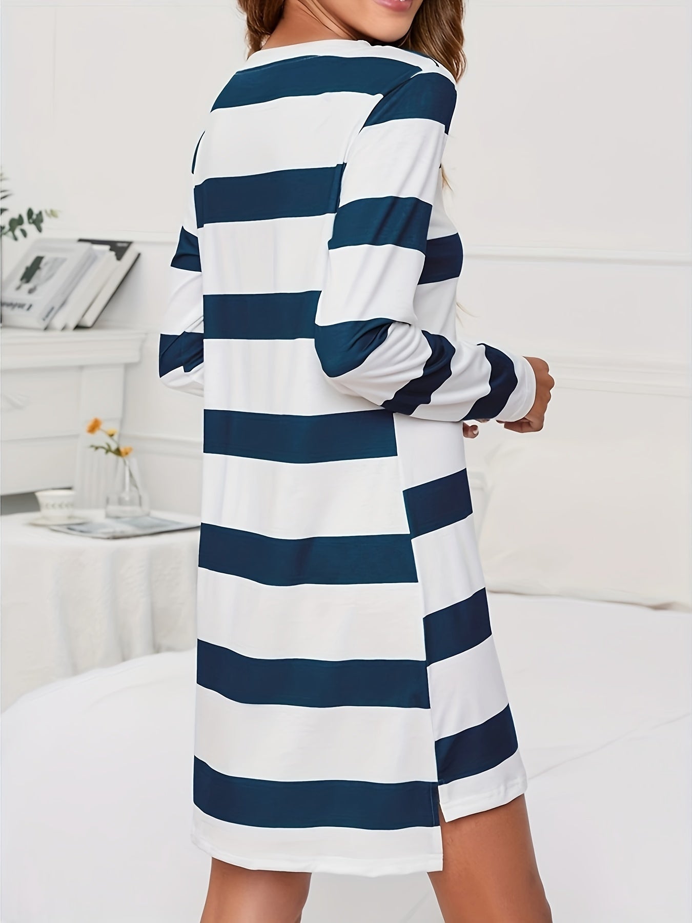 Striped Print Lounge Dress Crew Neck Long Sleeve Comfy Home Dress
