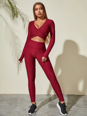 Seersucker V-Neck Crop Top Long Sleeve Gym