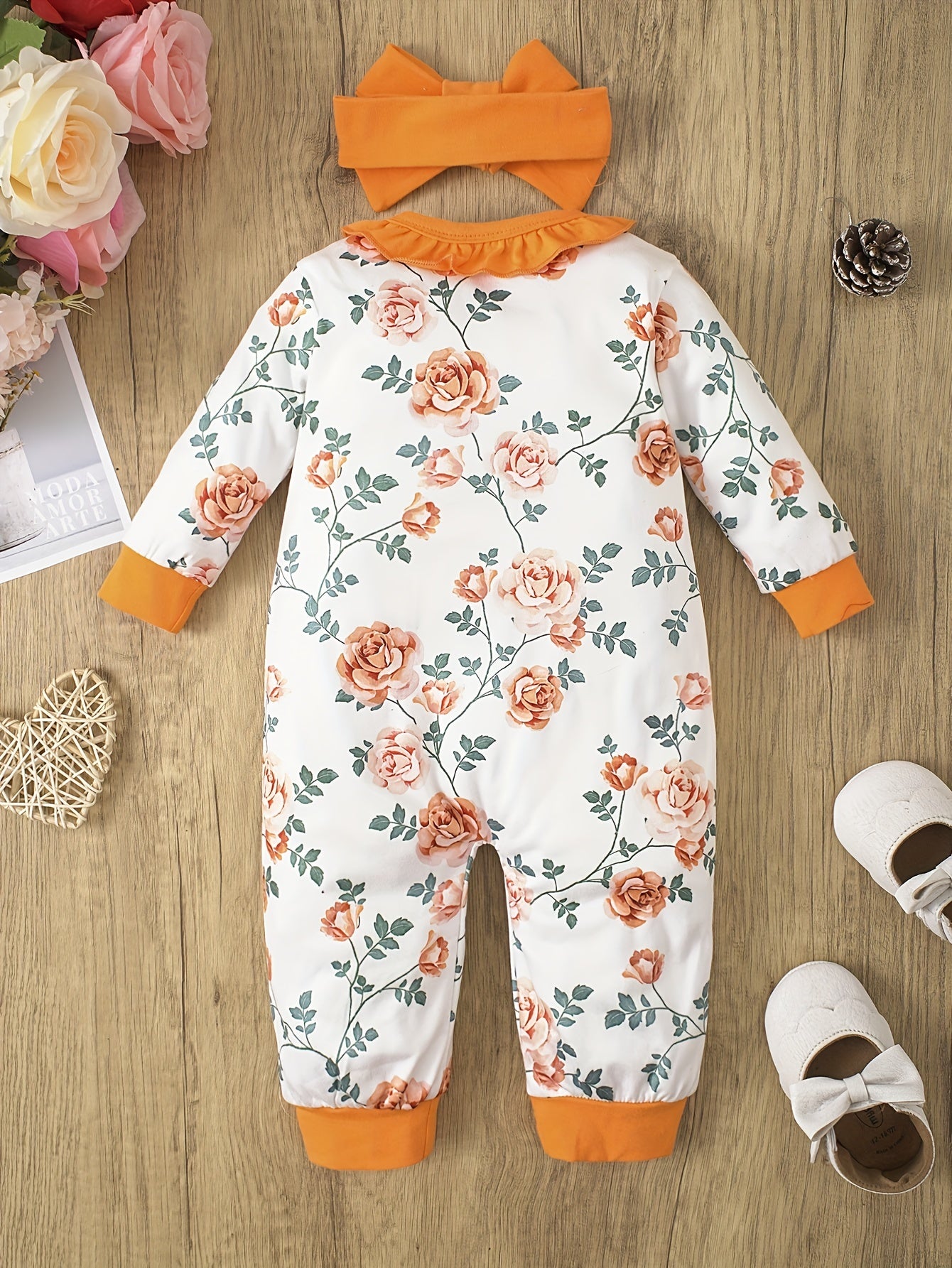 Baby Girls Floral Romper With Headscarf
