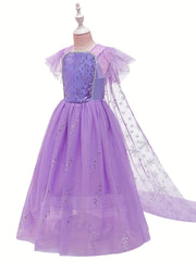 Girls Sequin Snowflake Princess Dress Sleeveless Ruffle Mesh Cape