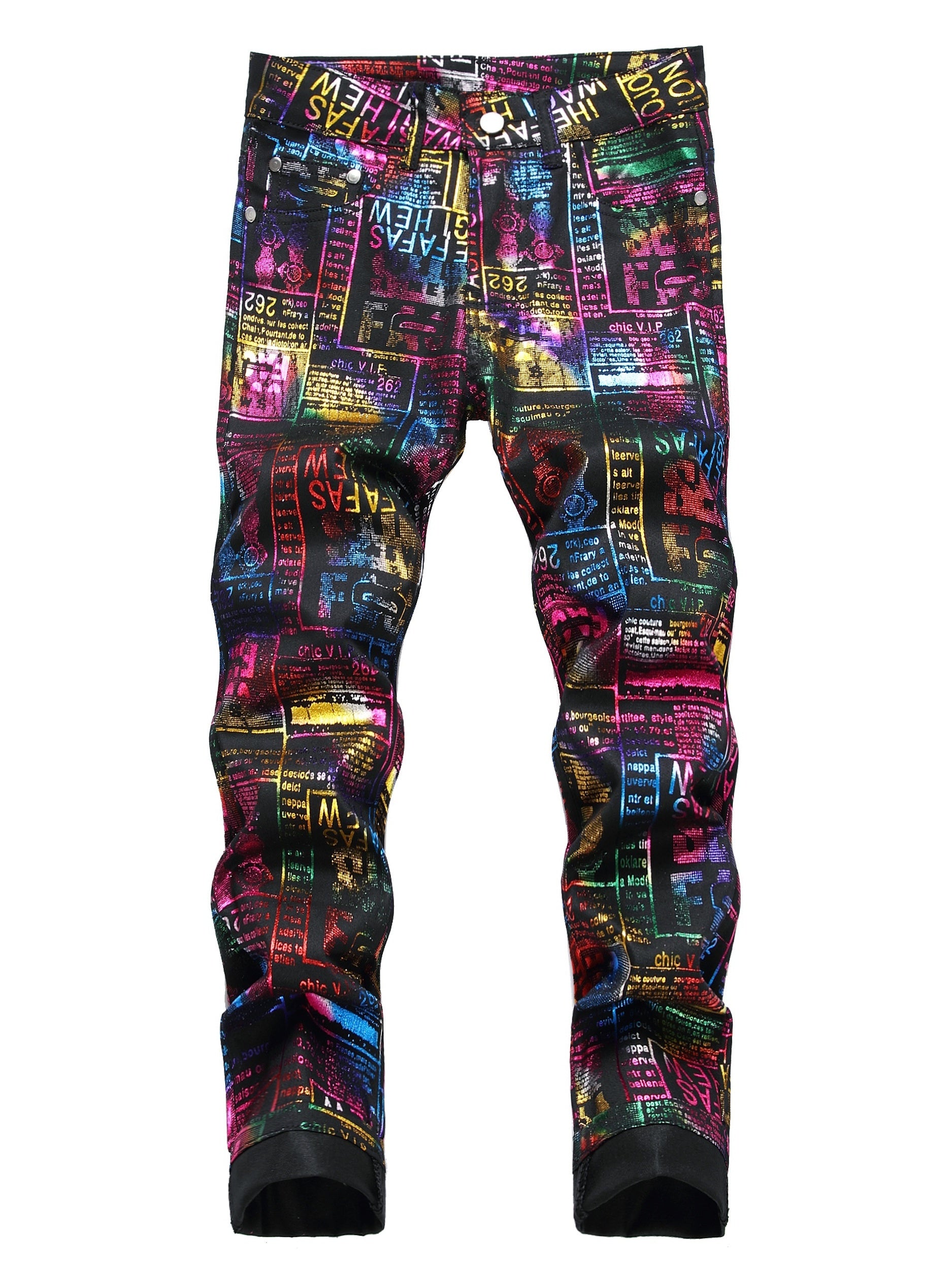 Boys Colorful Pattern Jeans Skinny Slim Fit Washed Denim Long Pants Kids