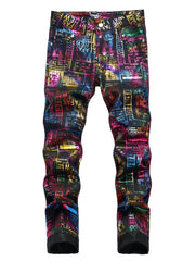 Boys Colorful Pattern Jeans Skinny Slim Fit Washed Denim Long Pants Kids