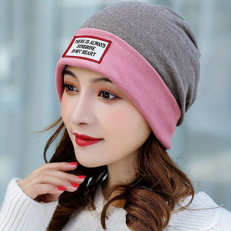 Stylish Label Decor Beanie Block Warm Skull Cap Elastic Knit Hat