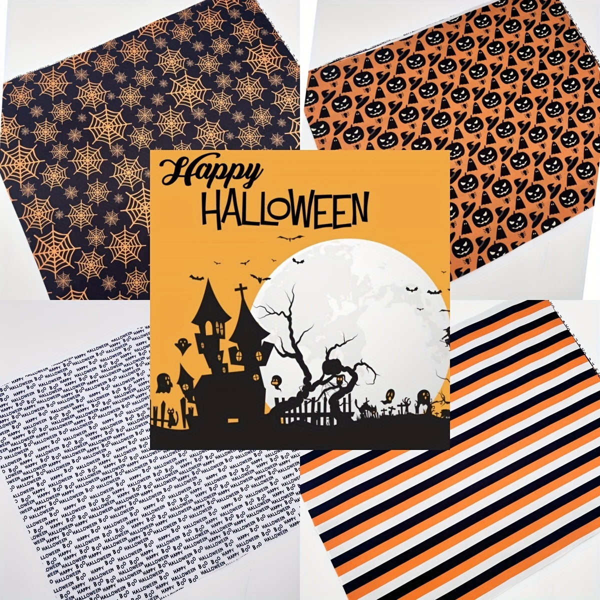 5pcs Large Halloween Fabric DIY Patchwork with Pumpkin Ghost & Spider Web Prints