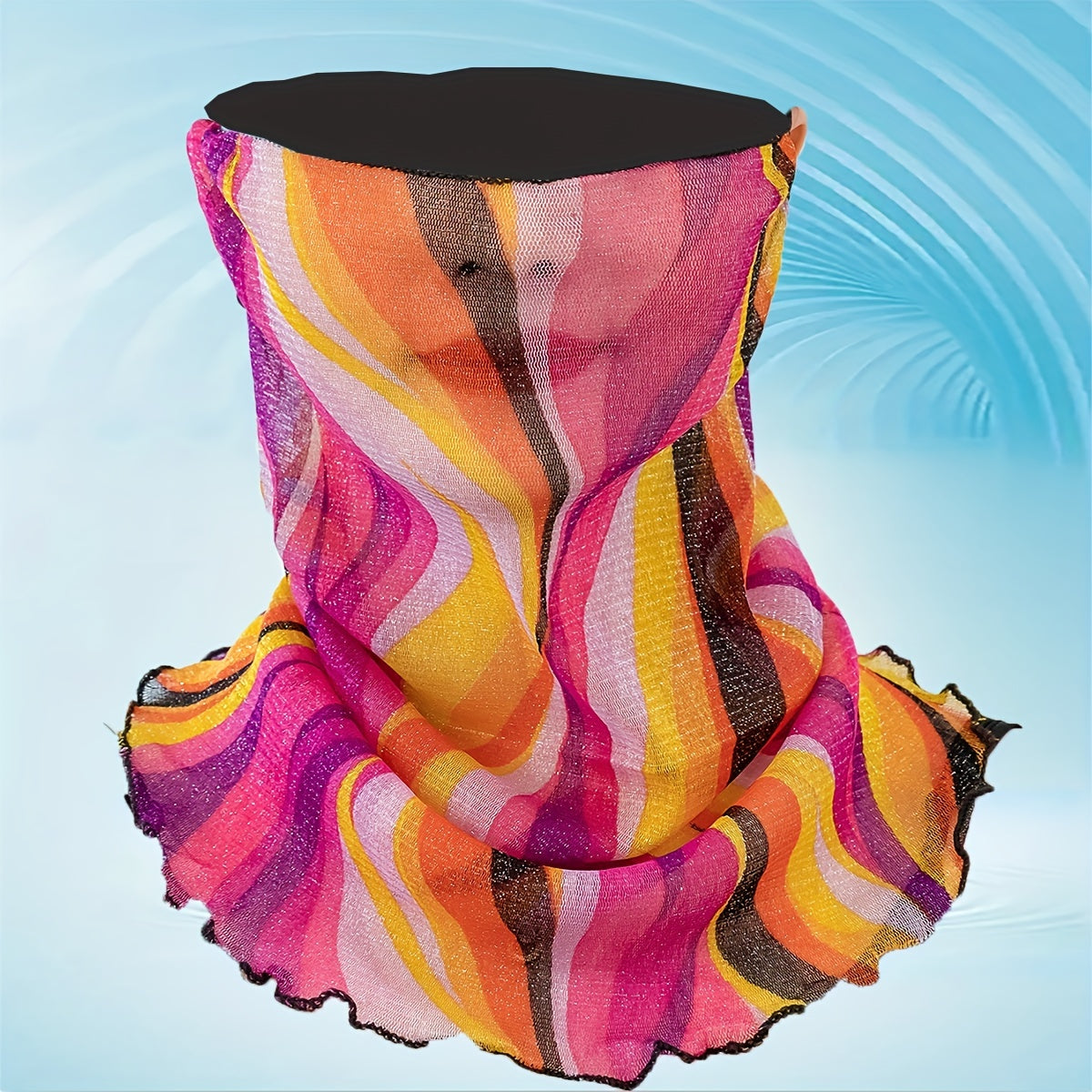 Striped Print Red Ruffles Gauze Neck Gaiter Ear Loop Veil Headband