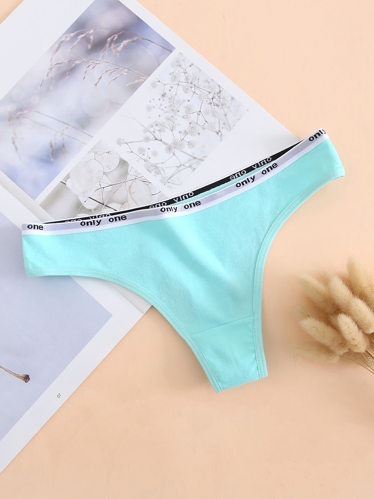 6 Pack Cotton Thong Panties, Solid Alphabet Waistline, Women's Lingerie