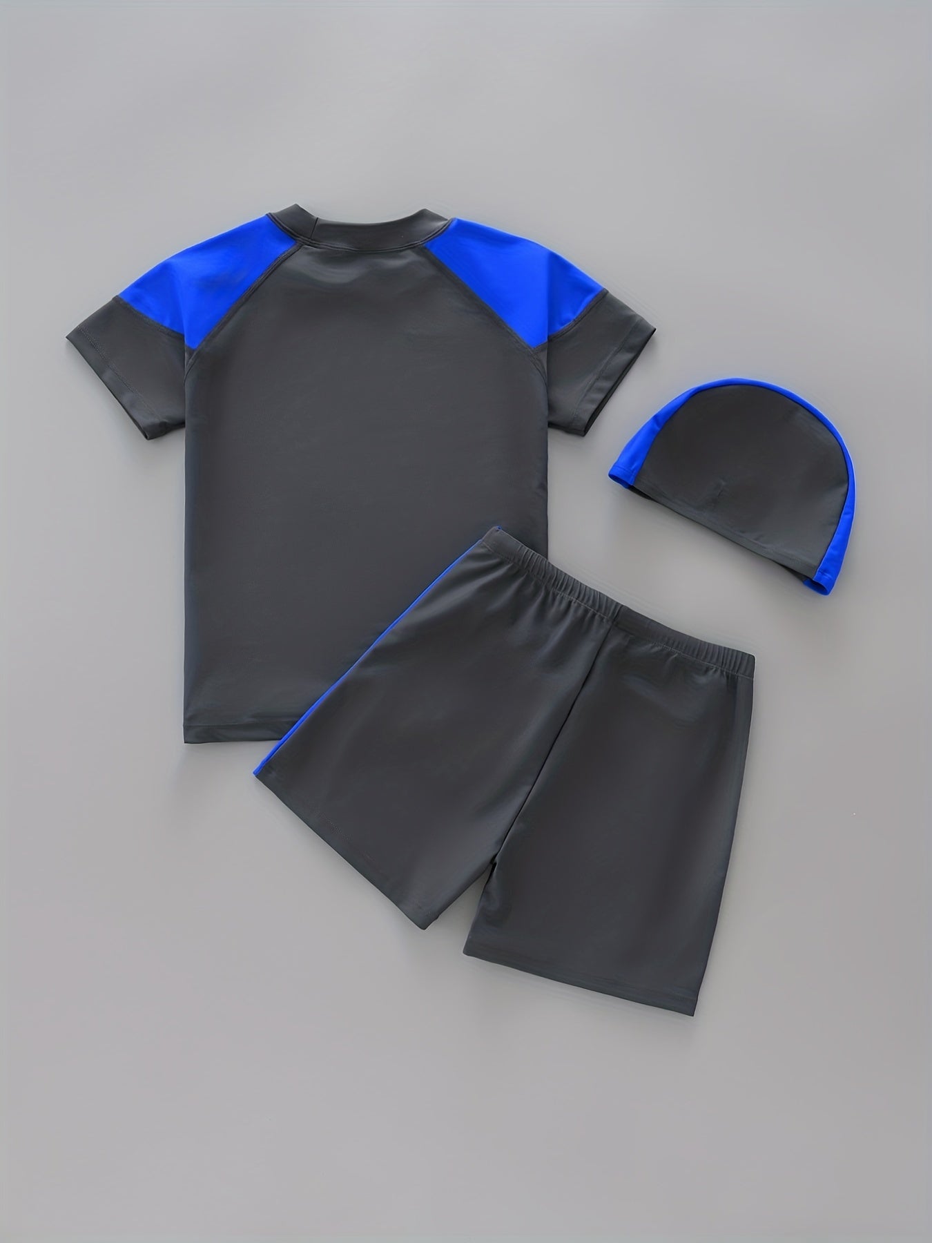 Boy's 3pcs Swimsuit Short Sleeve Top & Shorts & Swim Cap Beach Wear