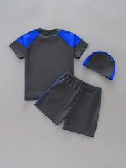 Boy's 3pcs Swimsuit Short Sleeve Top & Shorts & Swim Cap Beach Wear