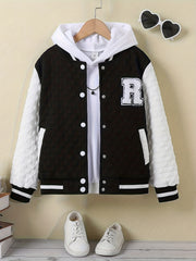 Girls R Letter Block Baseball Jacket Long Sleeve Spring Autumn