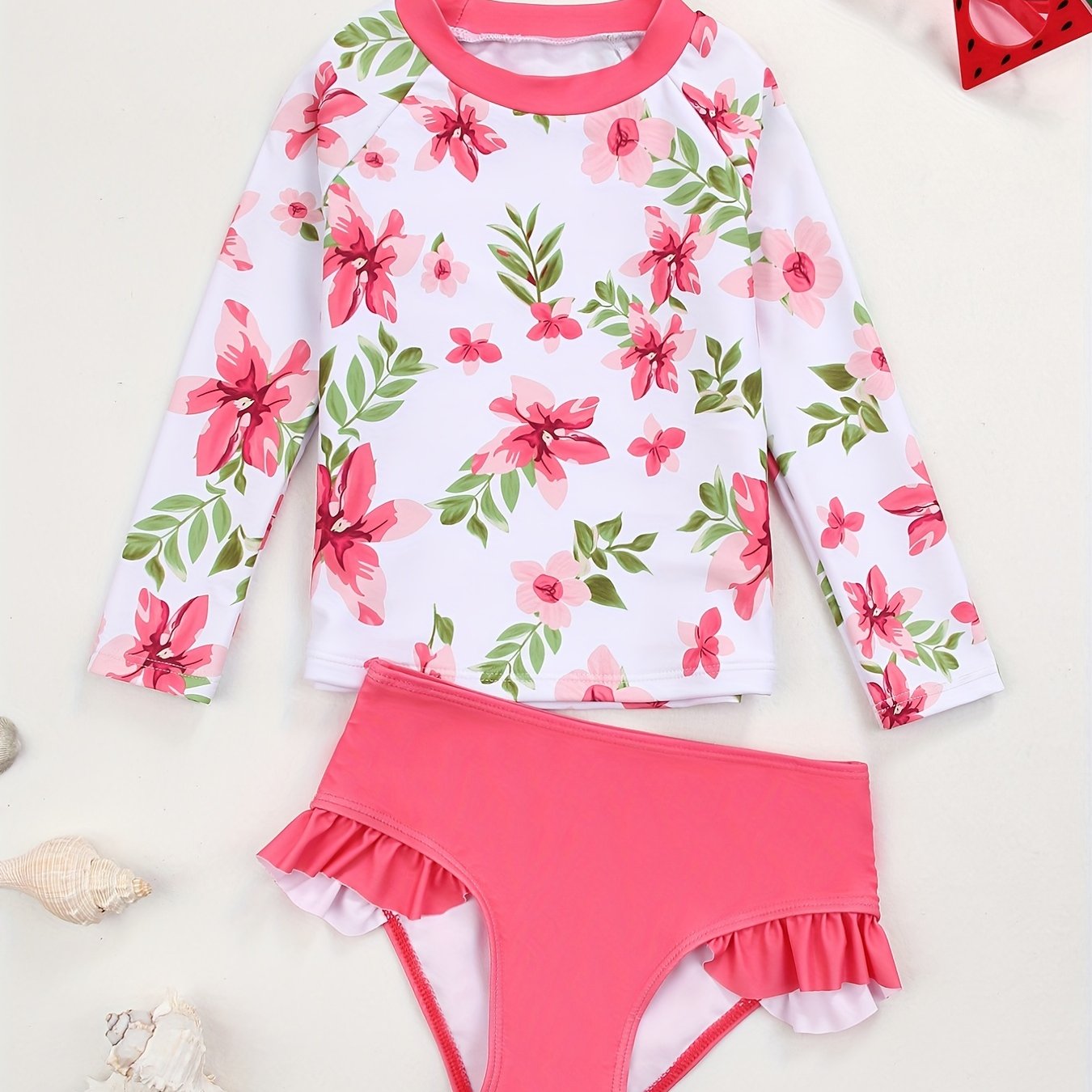 Toddler Girls Bikini Tankini Swimsuit Floral Long Sleeve Top & Ruffle Shorts Set