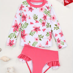 Toddler Girls Bikini Tankini Swimsuit Floral Long Sleeve Top & Ruffle Shorts Set