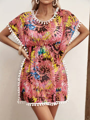 Tie Dye Pom Pom Trim Split Side Cover Up Dress Women's Swimwear