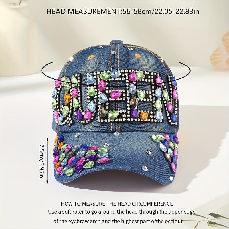 Rhinestone QUEEN Patch Baseball Cap Y2K Denim Sports Hat
