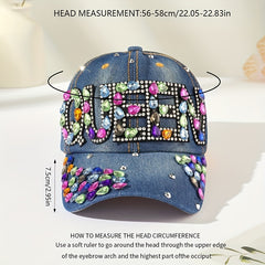 Rhinestone QUEEN Patch Baseball Cap Y2K Denim Sports Hat