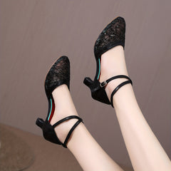Women's Sequin Dance Shoes Closed Toe Kitten Heeled Sandals
