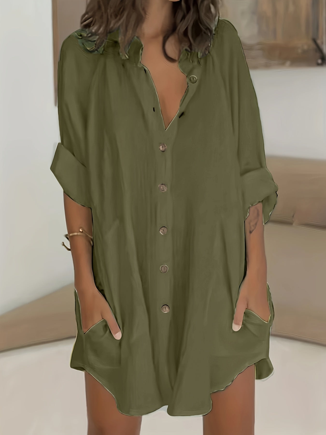 Solid Button Up Roll Up Sleeve Collar Mini Shirt Dress