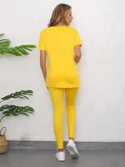 2pcs Casual Sports Suits Short Sleeve Crew Neck T shirts & Leggings Sets