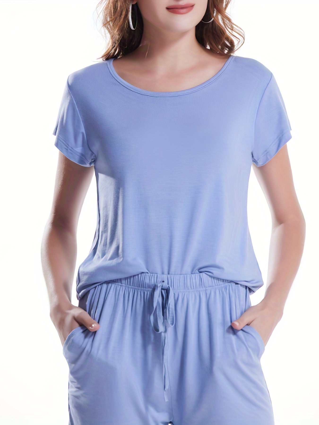 Solid Lounge Set Crew Neck Top & Lace Up Shorts Women's Loungewear