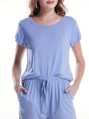 Solid Lounge Set Crew Neck Top & Lace Up Shorts Women's Loungewear