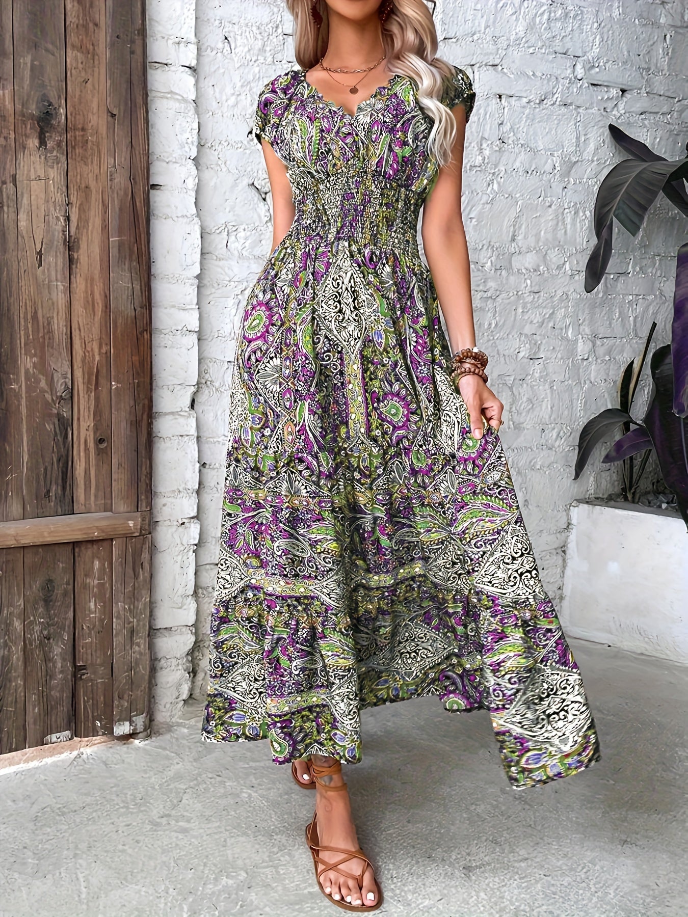 Boho Dress Women's Plus Floral Print Cap Sleeve V Neck Maxi Dress