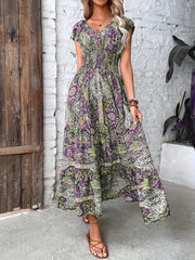 Boho Dress Women's Plus Floral Print Cap Sleeve V Neck Maxi Dress