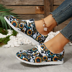 Women's Sunflower Print Canvas Shoes Casual Lace Up Outdoor Shoes