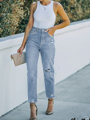 Loose Fit Straight Jeans with Ripped Holes