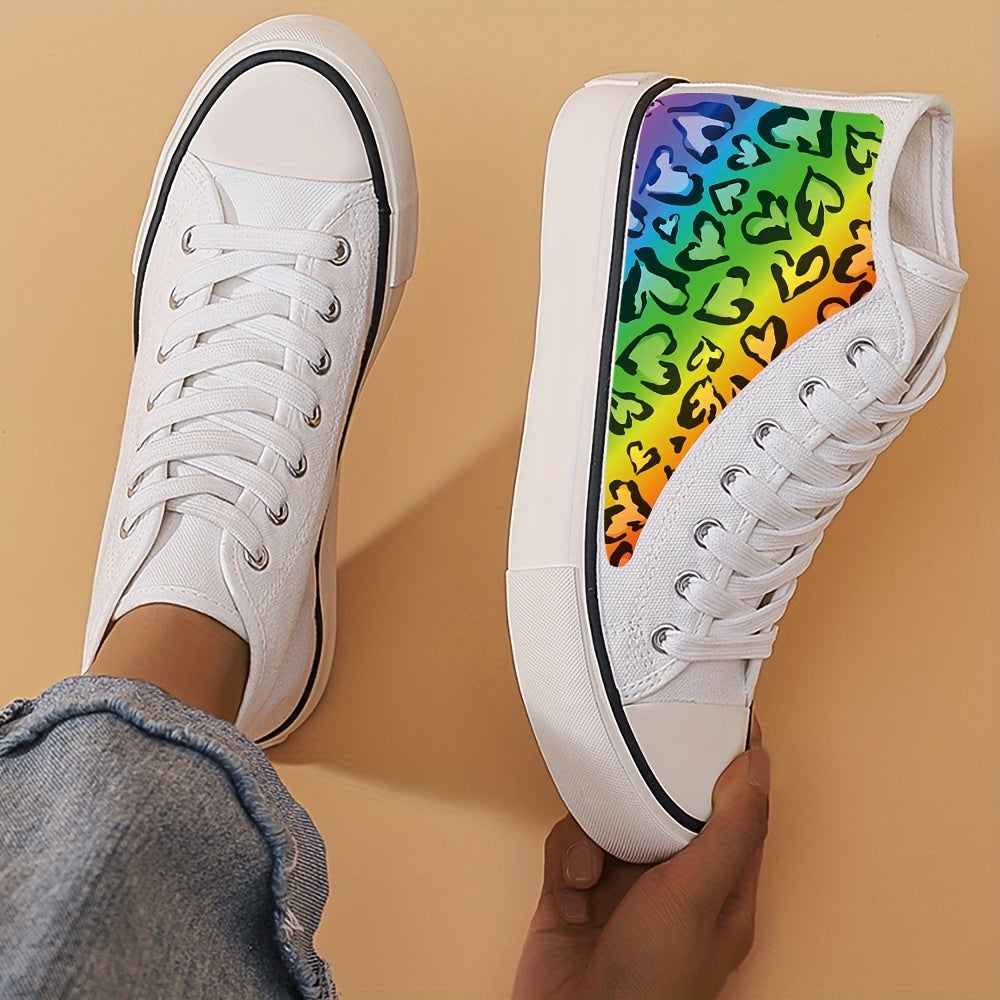 Heart Print Flat Chunky Canvas Sneakers High Top Skate Shoes