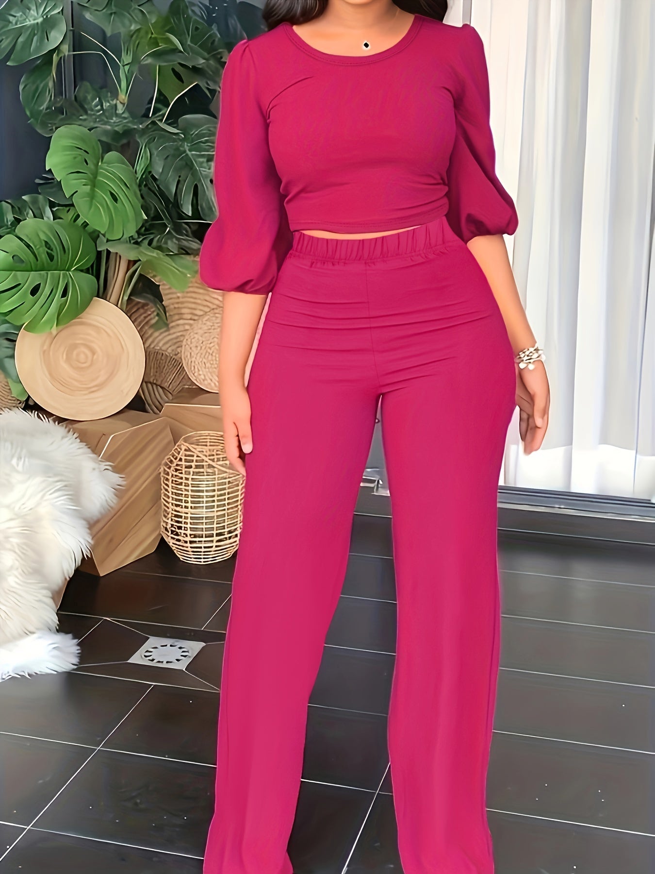 Solid Two piece Set Lantern Sleeve Crop Blouse & Wide Leg Pants Outfits