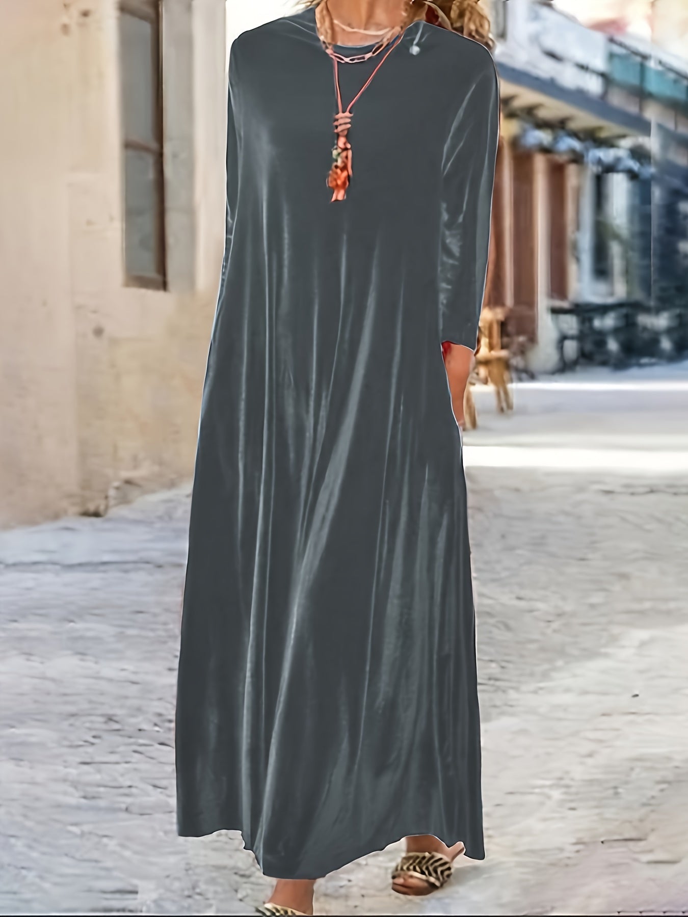 Solid Velvet Long Sleeve Maxi Dress
