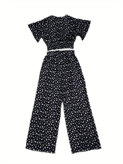 Crop Top & Wide Leg Pants Set Short Sleeve Outfit Women's Clothing