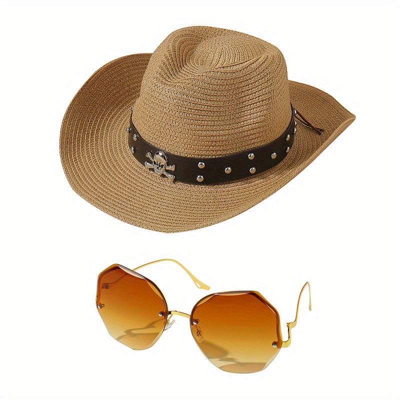 Cowboy Hat & Sunglasses Set Skull Belt Straw Sun Hat