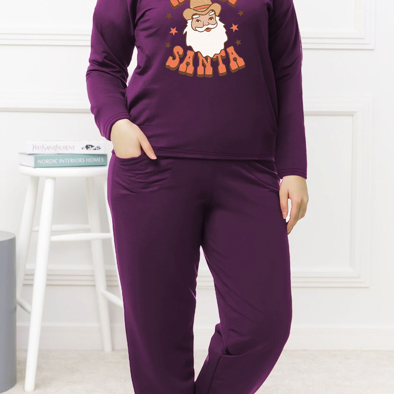 Christmas Western Pajamas Set Women's Plus Santa Cowboy Tee & Joggers