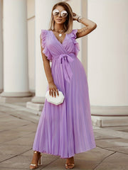 V Neck Pleated Ruffle Maxi Party Dress