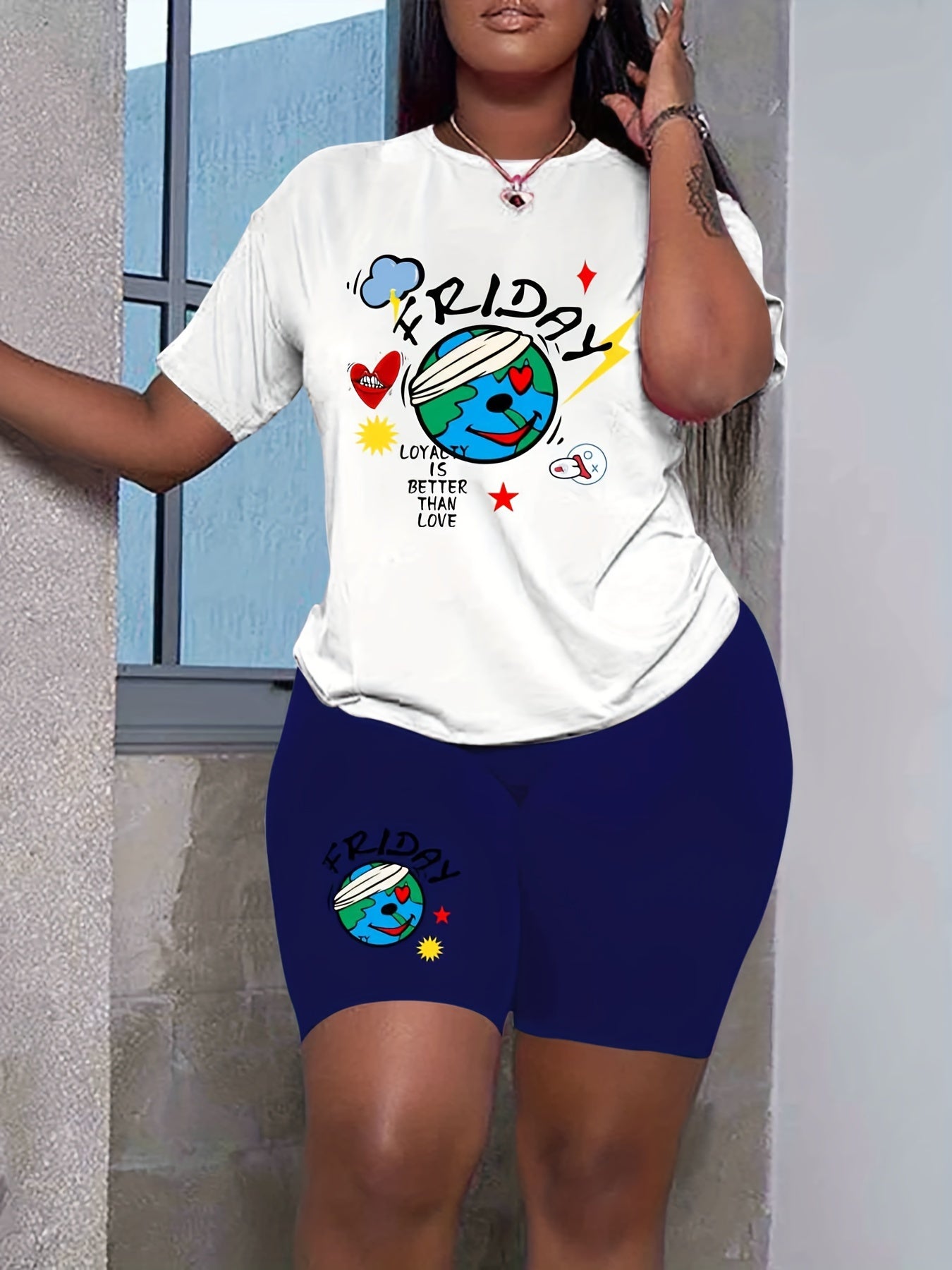 Earth Print Crew Neck Short Sleeve Top & Shorts Set