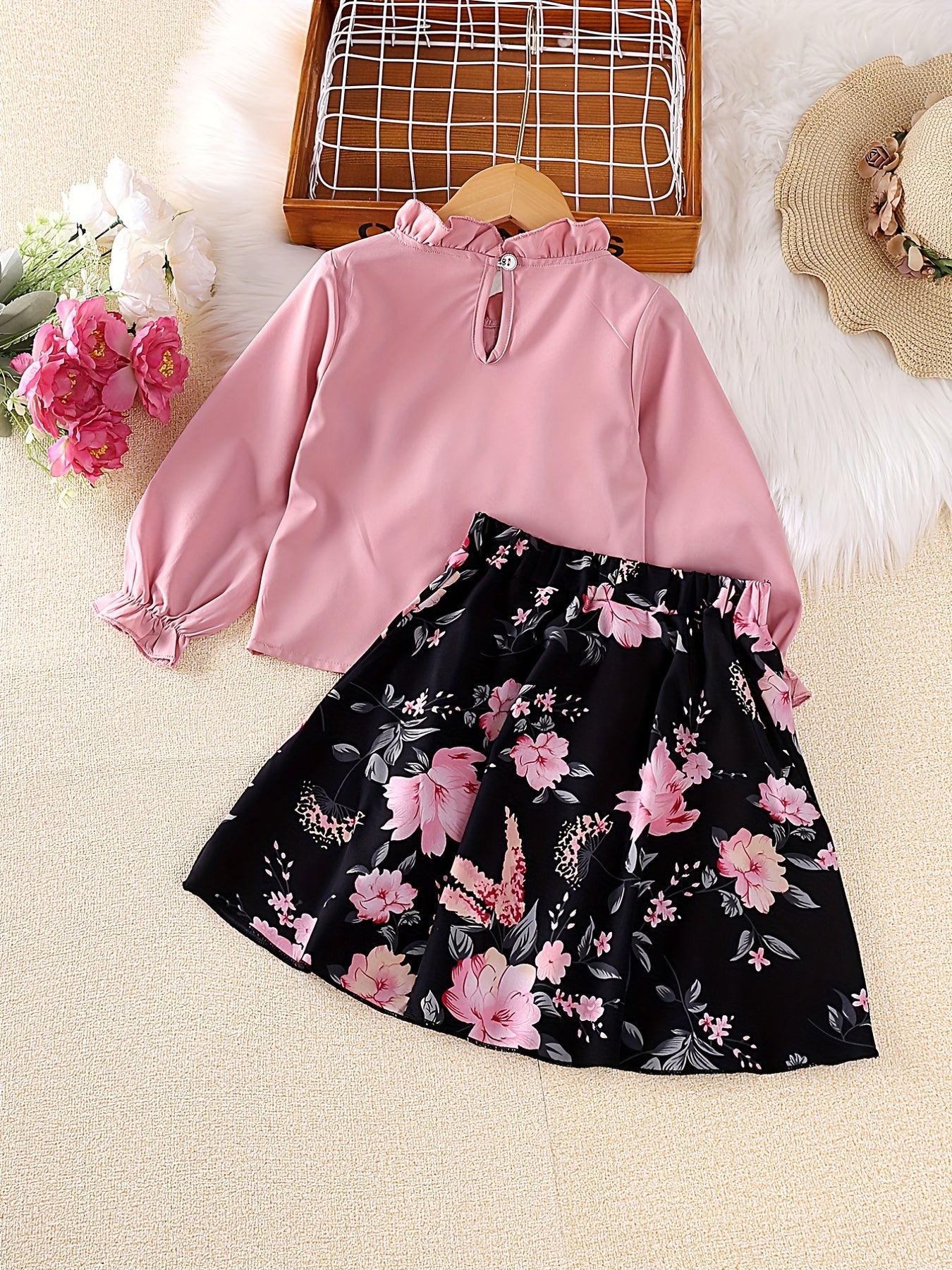 Girl's 2pcs Ruffled Shirt & Floral Skirt Set for Kids