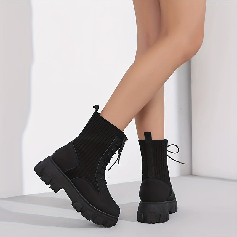 Women's Lace Up Combat Boots Solid Round Toe Platform Slim Elastic Shoes