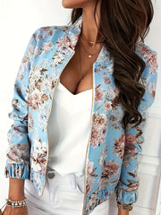 Floral Print Zipper Jacket Long Sleeve Casual Elastic Trim Women's Clothing