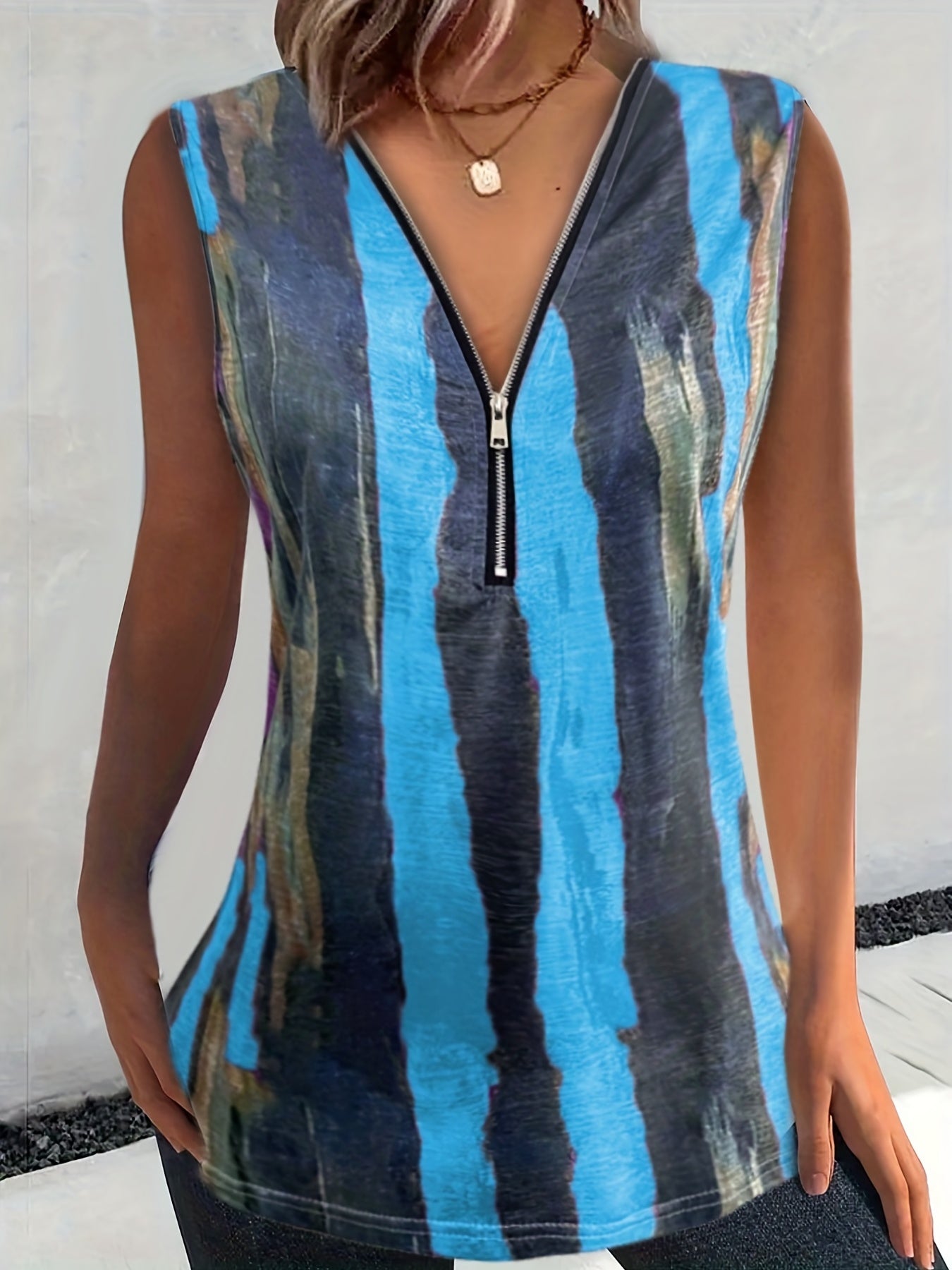 Colorblock Brush Print Zipper V Neck Tank Top