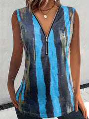 Colorblock Brush Print Zipper V Neck Tank Top