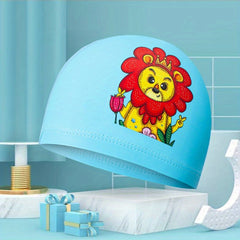 Kids PU Waterproof Swim Cap, Cartoon Pattern Ear Protection, High Elasticity