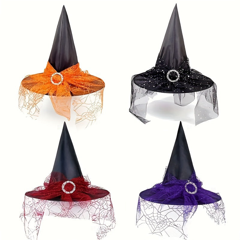 Halloween Witch Hat Decorative Mesh Pumpkin Print Magician Pointed Wizard Hat