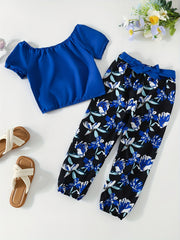 Girls Off Shoulder Crop Top & Flowers Print Pants Set