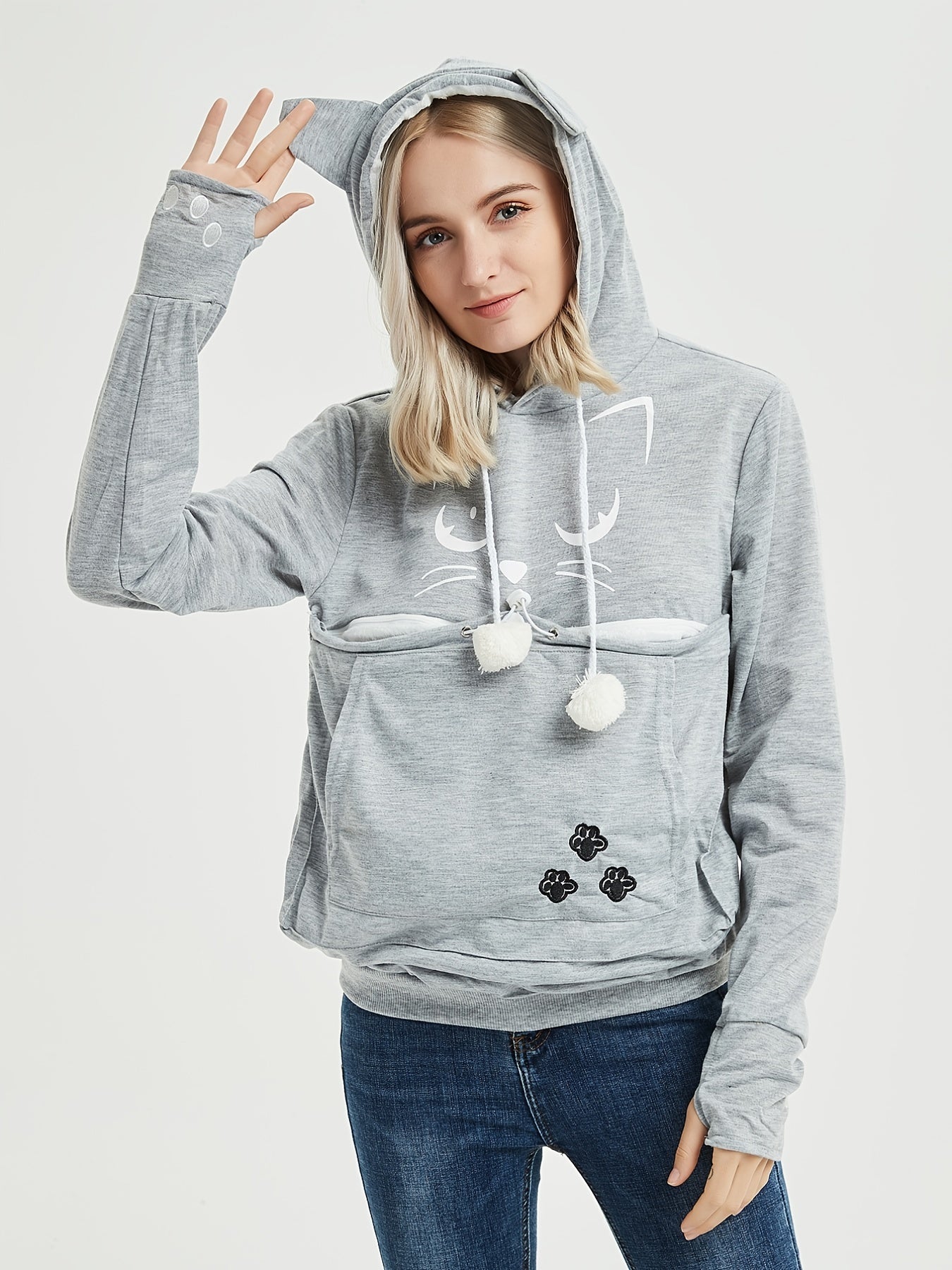 Cat Print Hoodies Drawstring Long Sleeve Sweatshirt With Cat Ears