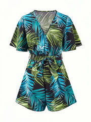 Boho Floral Print Belted Jumpsuit Flutter Sleeve Deep V Neck Casual Jumpsuit