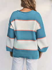 Stripe Print Button Up Lantern Sleeve V Neck Pullover Jumper