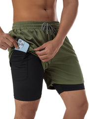 Men's 2-Layer Gym Running Shorts w/ Pockets Quick Dry Active Drawstring