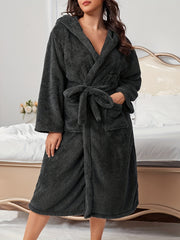 Womens Plus Size Hooded Flannel Bathrobe Warm Robe With Pockets