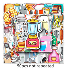 50pcs Cartoon Kitchen Utensils Stickers Waterproof for Water Bottles Laptop