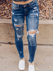 Retro Jeans Women's Plus Button Fly Cut Out Ripped High Stretch